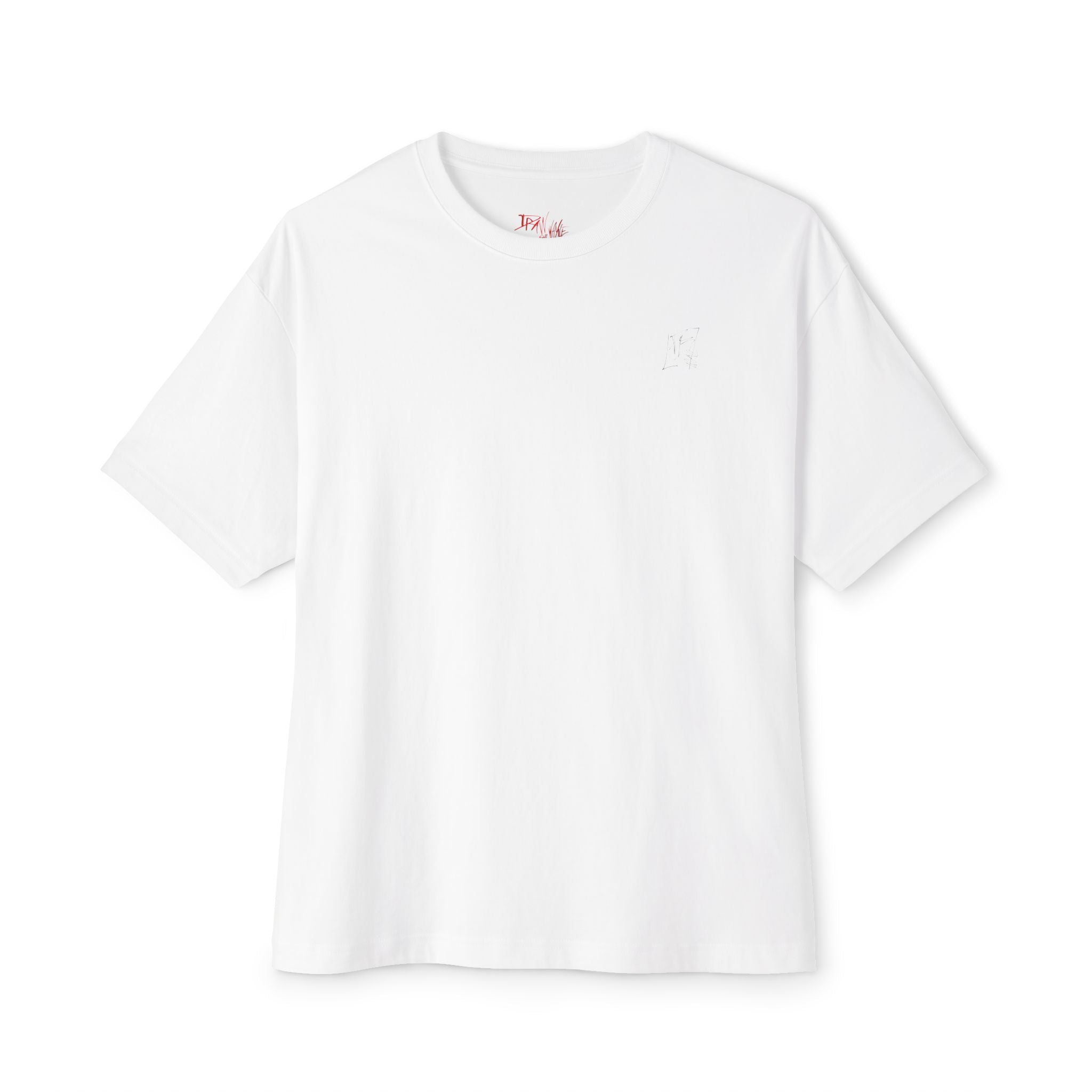Minimal White Oversized T‑Shirt with Red Script Neck Print